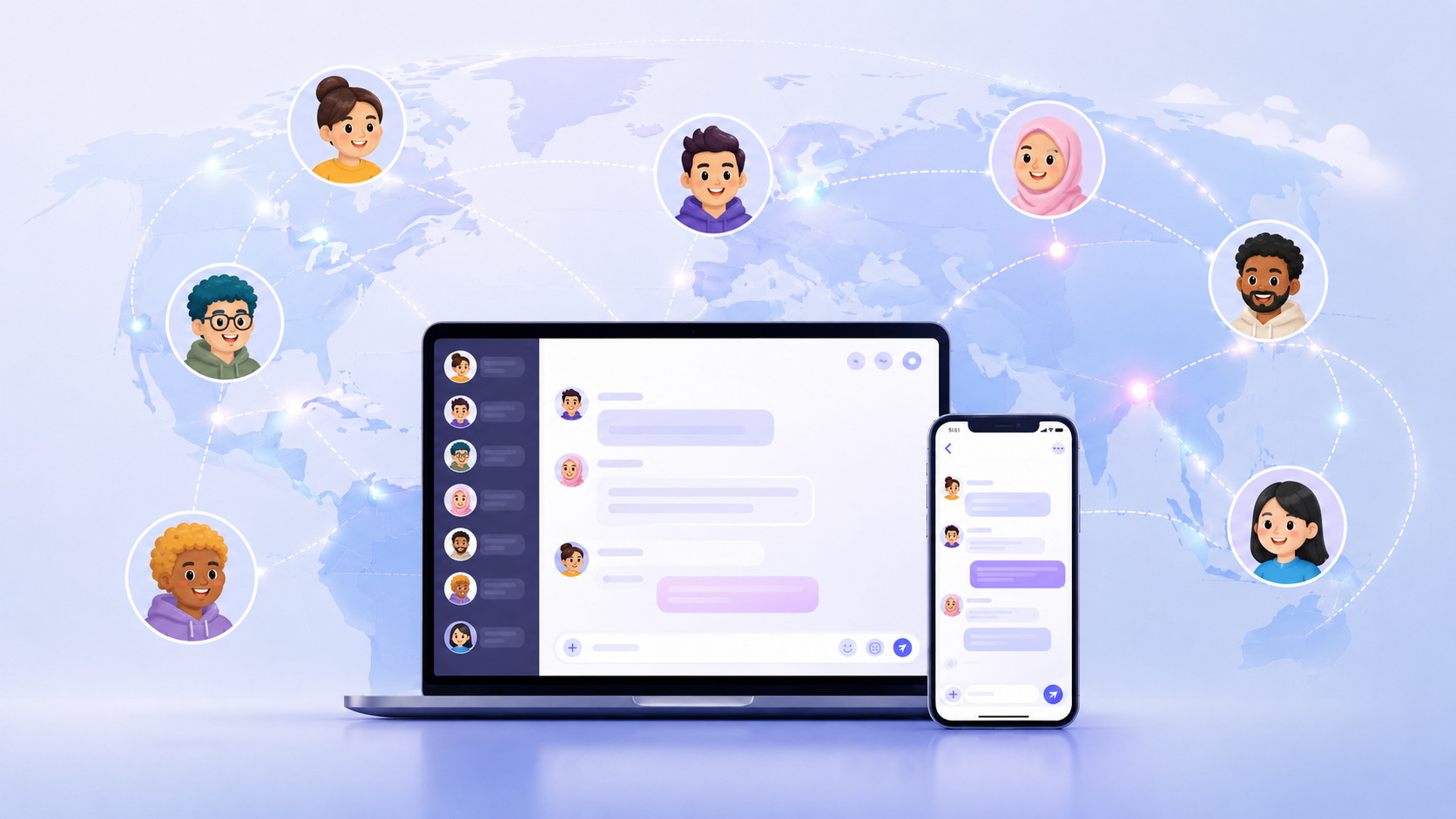 Interface do gChat com a nova Sala Mundo, mostrando utilizadores de vários países reunidos numa sala global de conversa online.