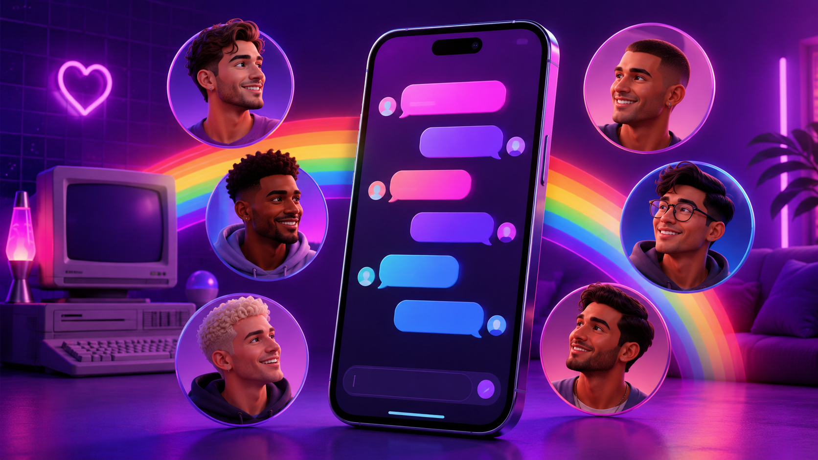 Casal gay brasileiro a conversar num computador, com bandeira do Brasil, ícones de chat e elementos LGBTQ+ em ambiente digital neon.