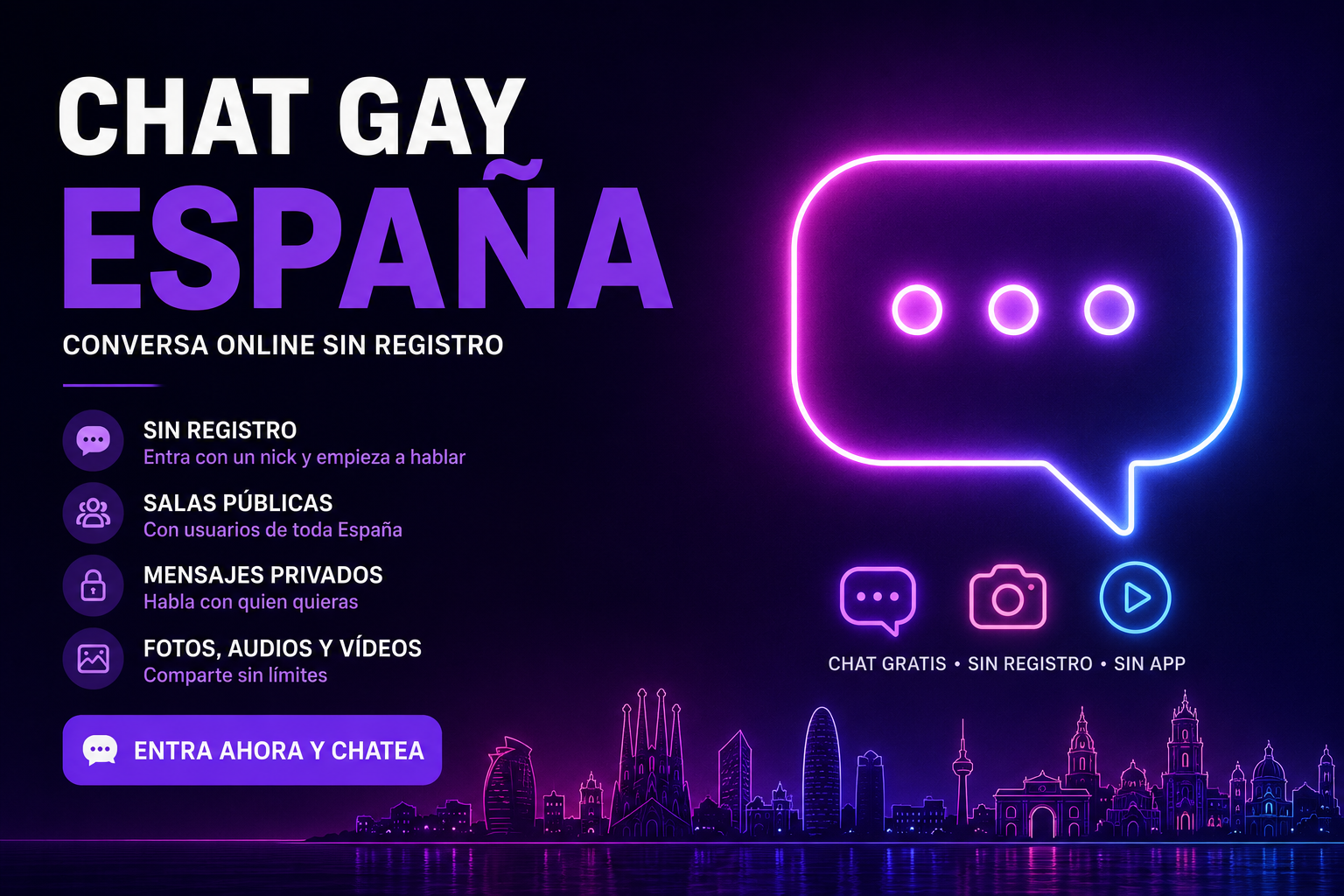 Chat gay moderno en España con salas online, mensajes privados y conversación sin registro en gChat