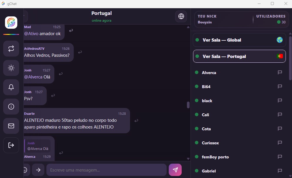 Interface de chat gay moderno em modo escuro com balões de conversa e ícones digitais em tons roxos