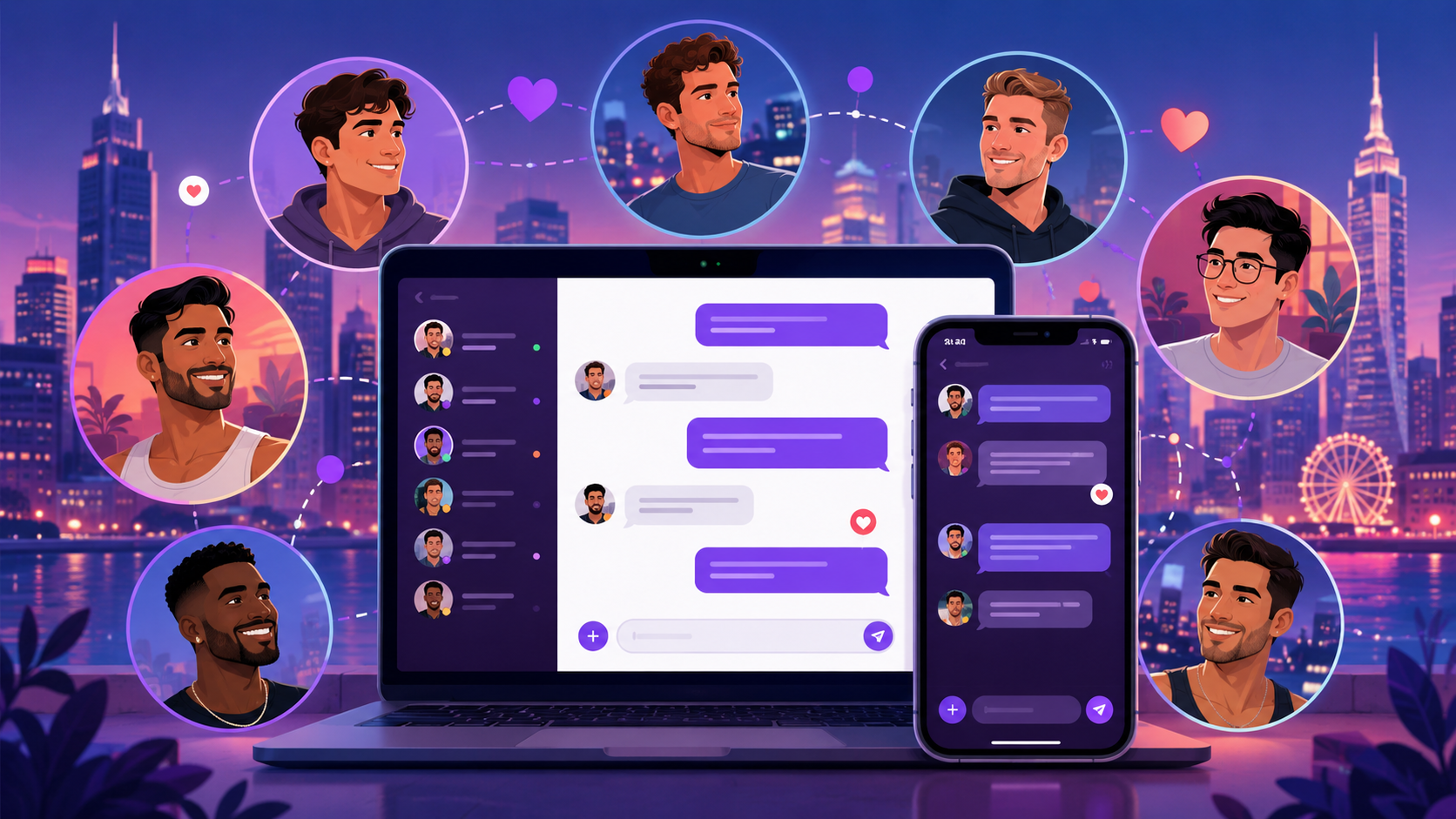 Illustration of a free online gay chat room in the USA with users connecting through messages on a modern digital platform.