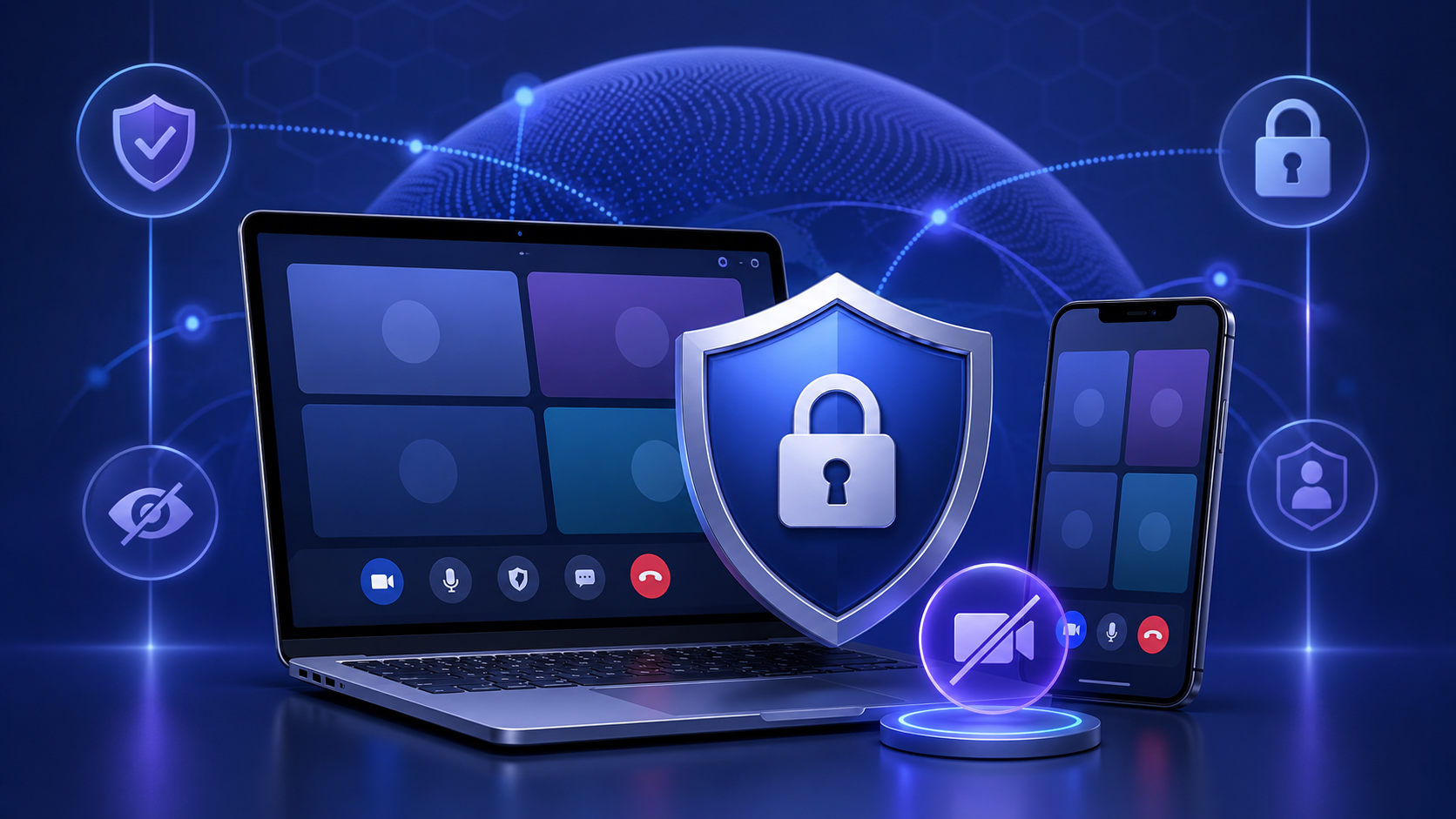 Modern illustration about image safety in a gChat video call, focused on privacy, online safety and responsible video conversations.