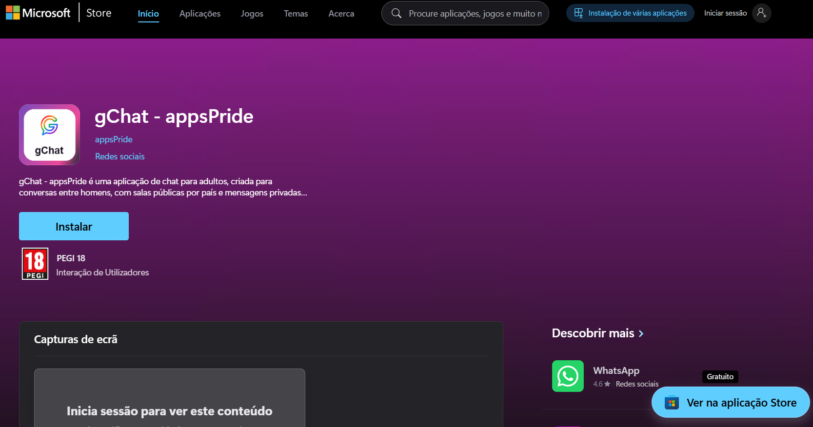 Screenshot of the gChat - appsPride app page on the Microsoft Store, showing the install button, PEGI 18 rating and app details for Windows users.