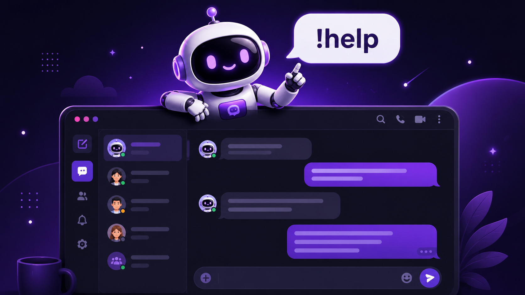 Friendly AI robot assistant above a modern purple chat interface, showing a speech bubble with “!help” to represent the gChat help bot feature.