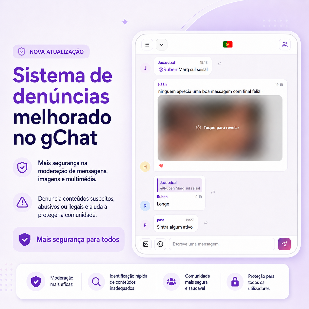 Improved gChat reporting system announcement with a blurred chat media preview, moderation icons, and safety messages for protecting the community.