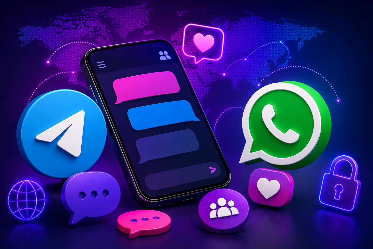 3D illustration of gay online chat alternative featuring smartphone, Telegram and WhatsApp icons without people.