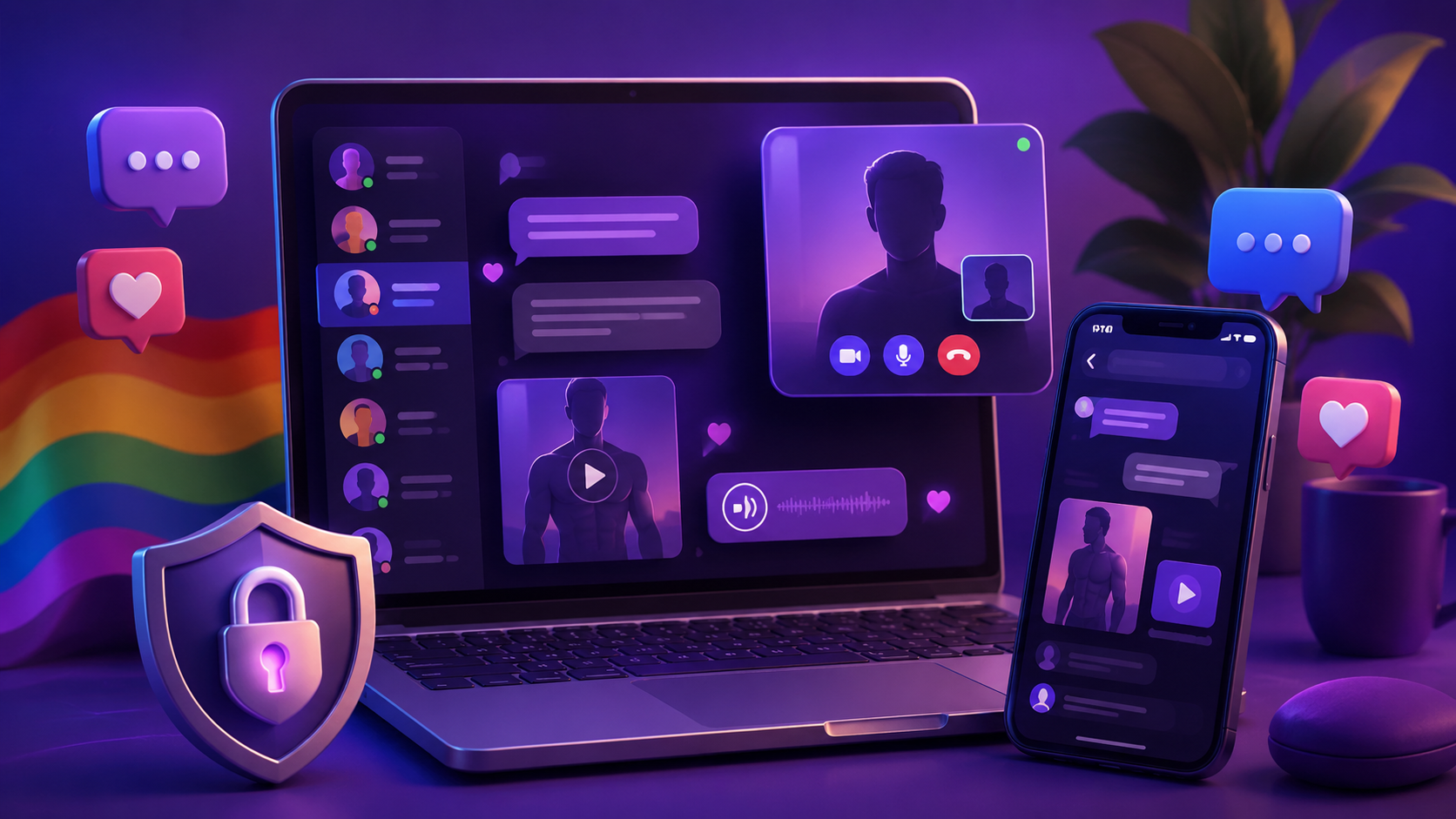 Online gay chat room for adult men with private messages, video calls, photos, audio sharing and privacy protection on gChat