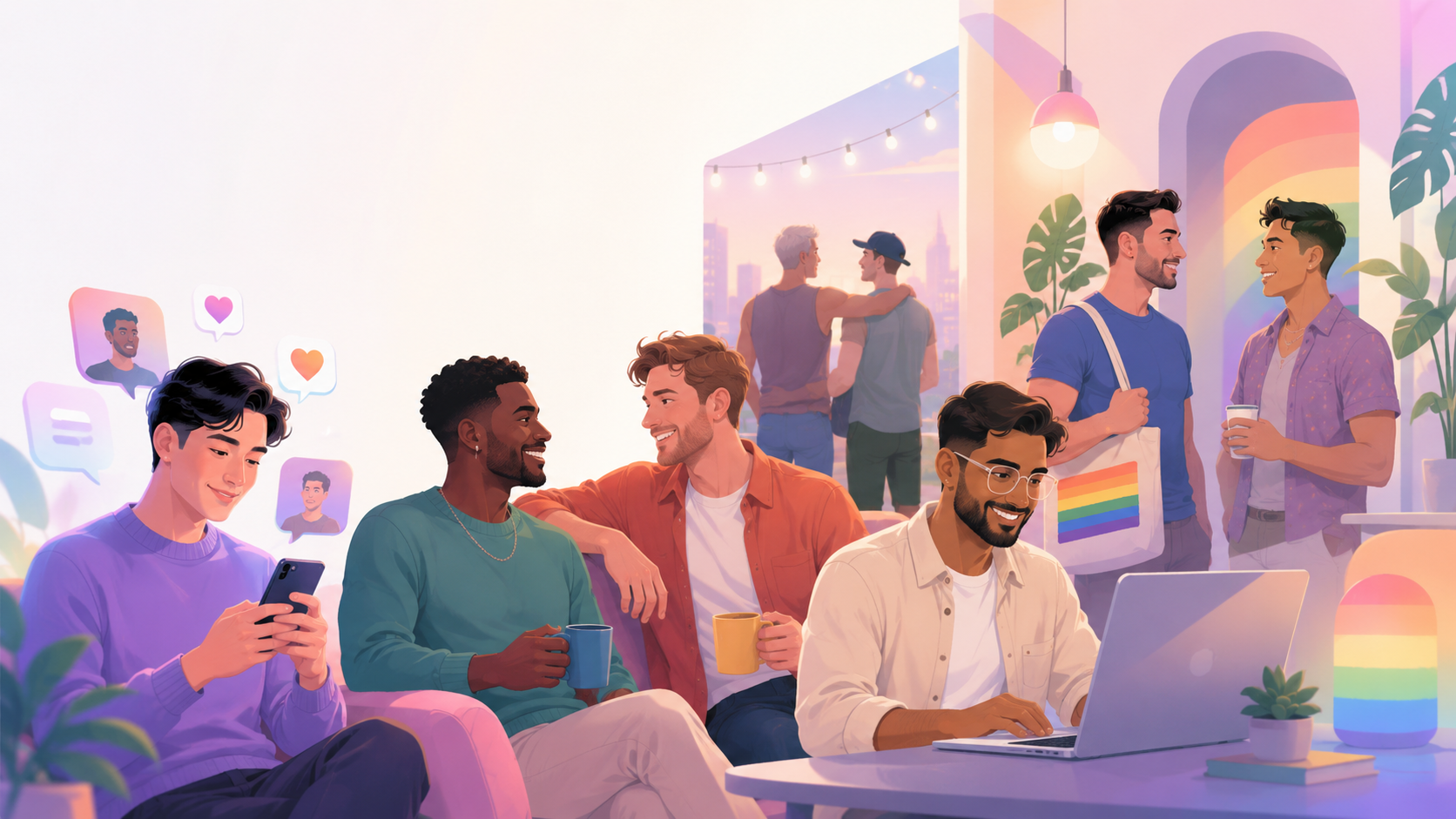 Diverse group of gay men chatting online and in person in a warm, modern LGBTQIA+ community space with soft rainbow accents.
