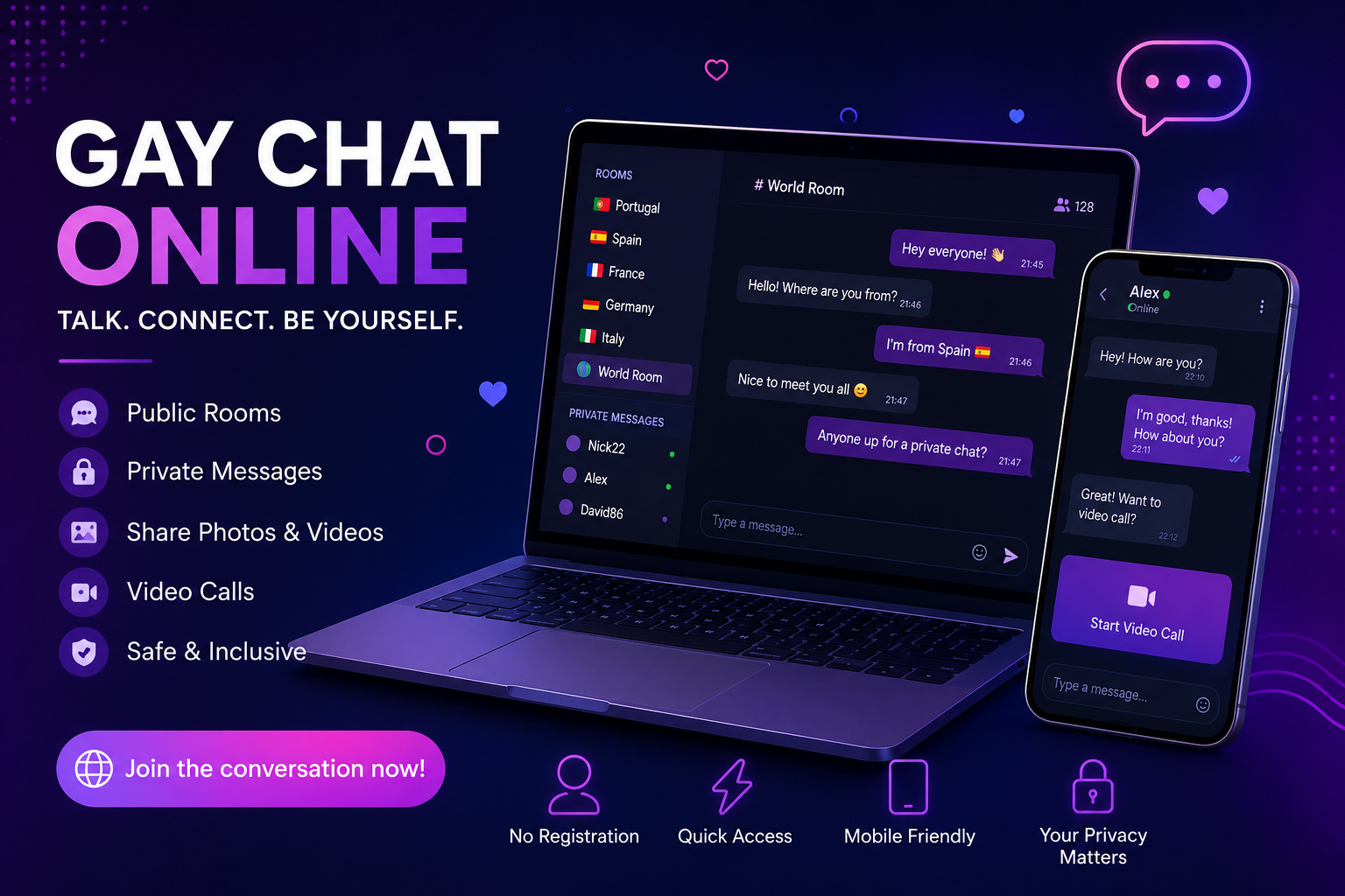Gay chat online without registration for men with public rooms, private messages and video calls