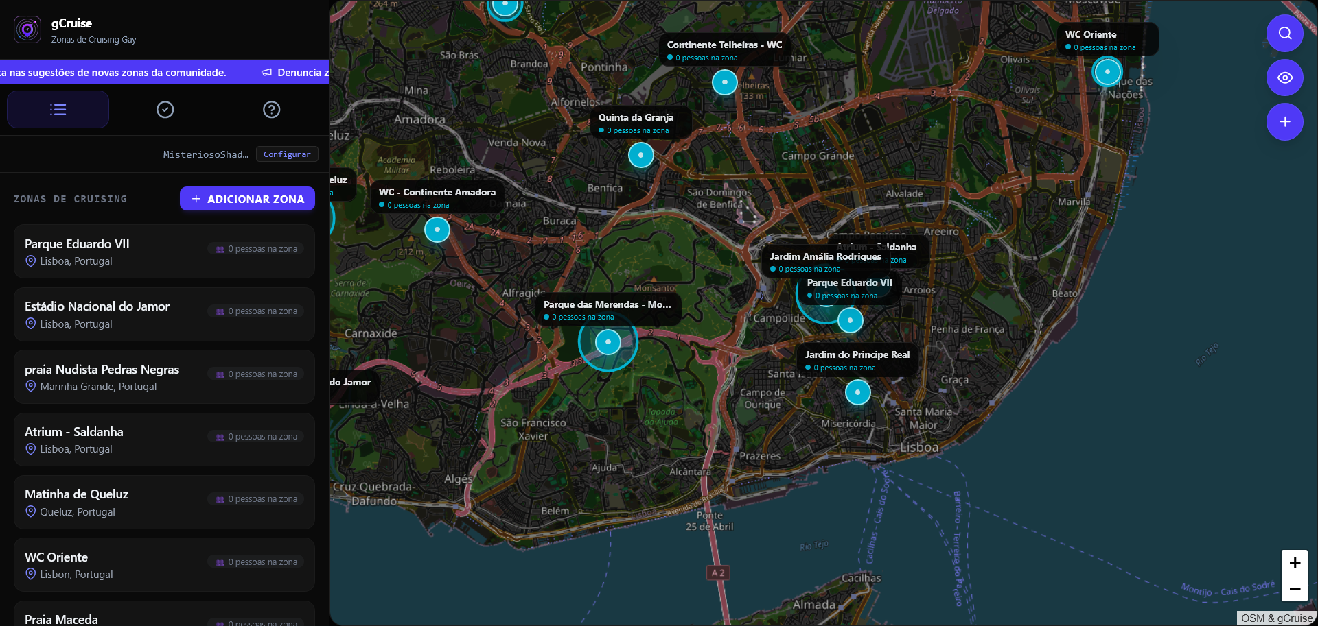 Gay cruising map by gCruise showing LGBTQIA+ cruising spots in Portugal, Spain, France, Germany and Italy