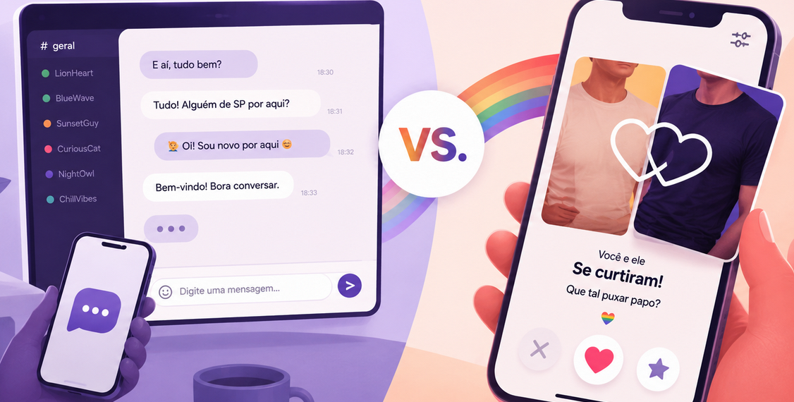 Illustration comparing a gay chat room with a dating app, featuring chat messages, profile cards, smartphones and LGBTQ+ rainbow elements.