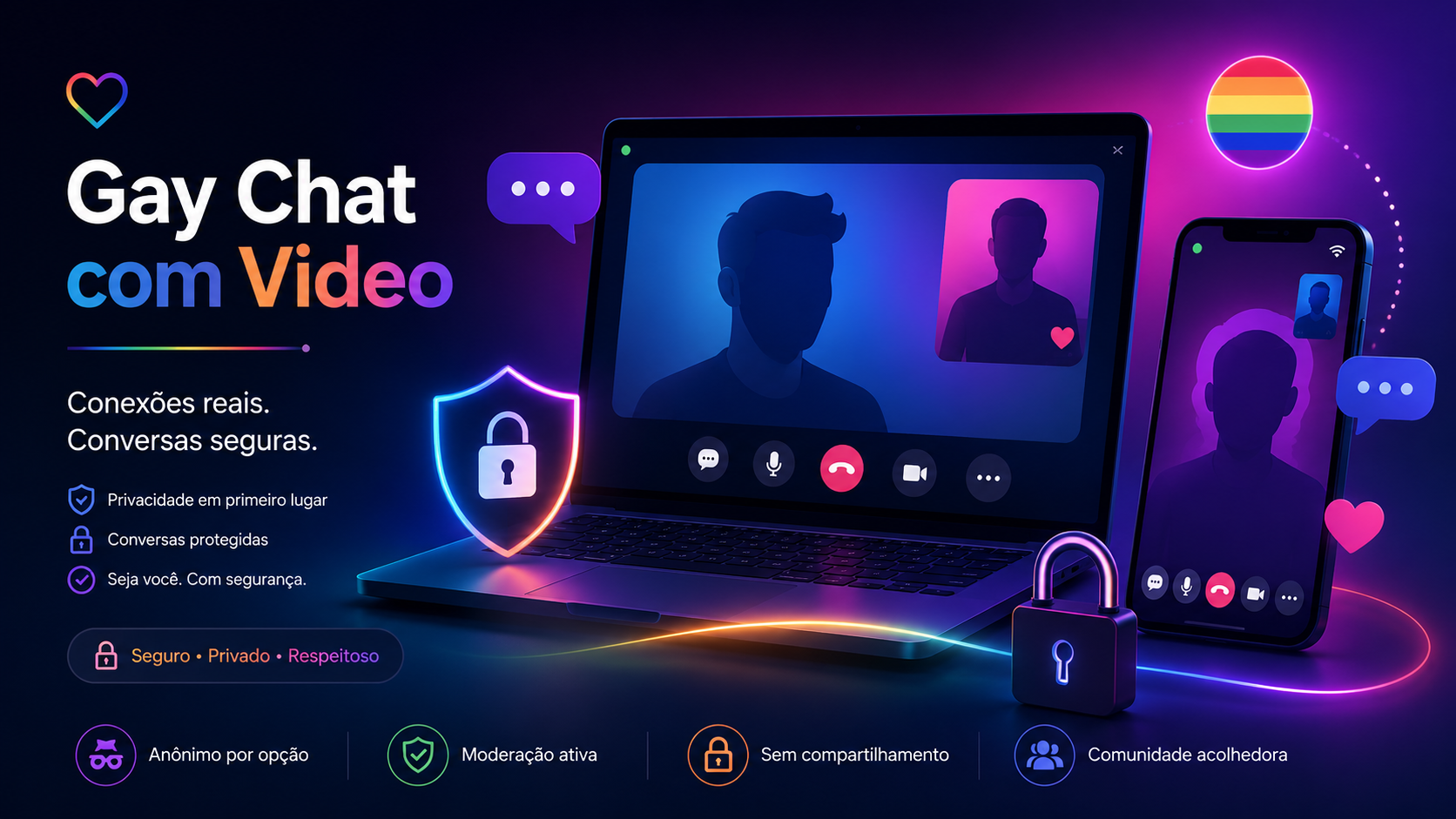 Gay video chat on a laptop and smartphone with anonymous silhouettes, privacy locks and LGBTQ+ rainbow accents.