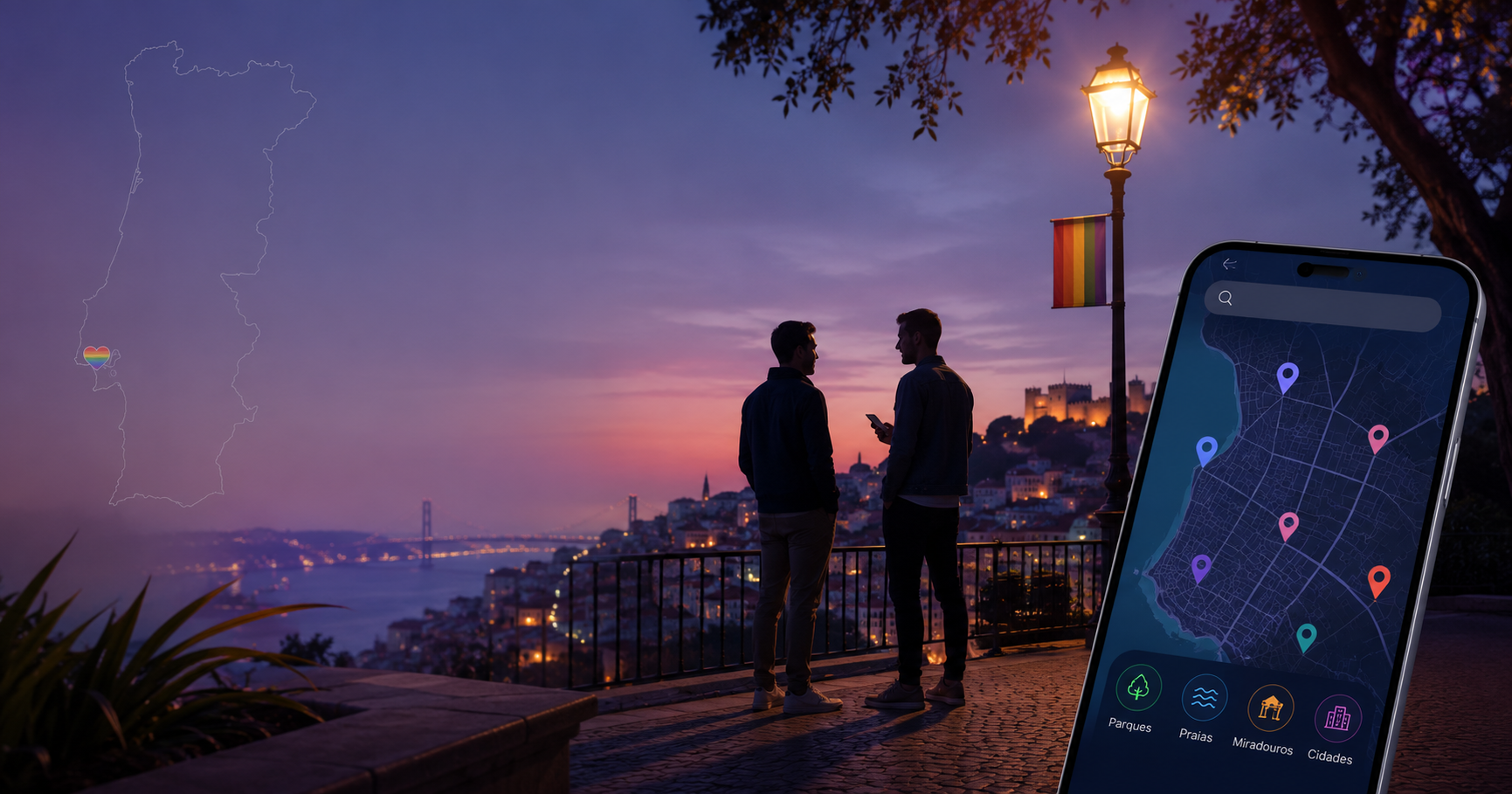 Mapa de cruising gay em Portugal com locais de encontro LGBTQIA+ em Lisboa, parques, praias, miradouros e cidades.