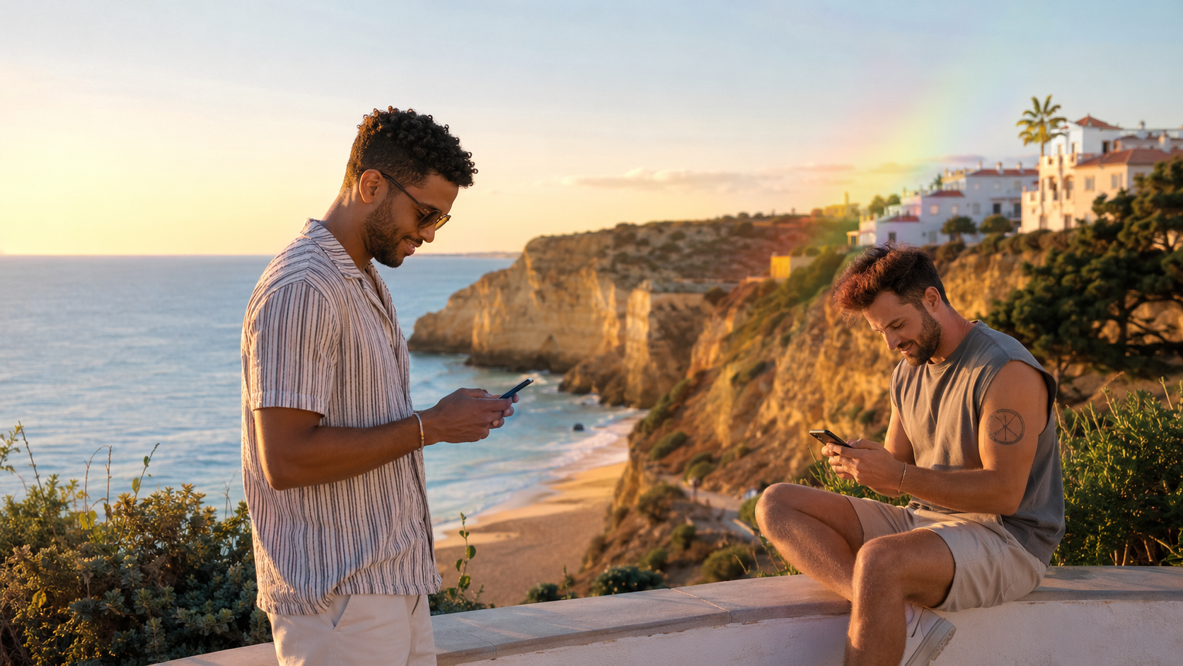 Dois homens adultos a conversar online junto à costa do Algarve