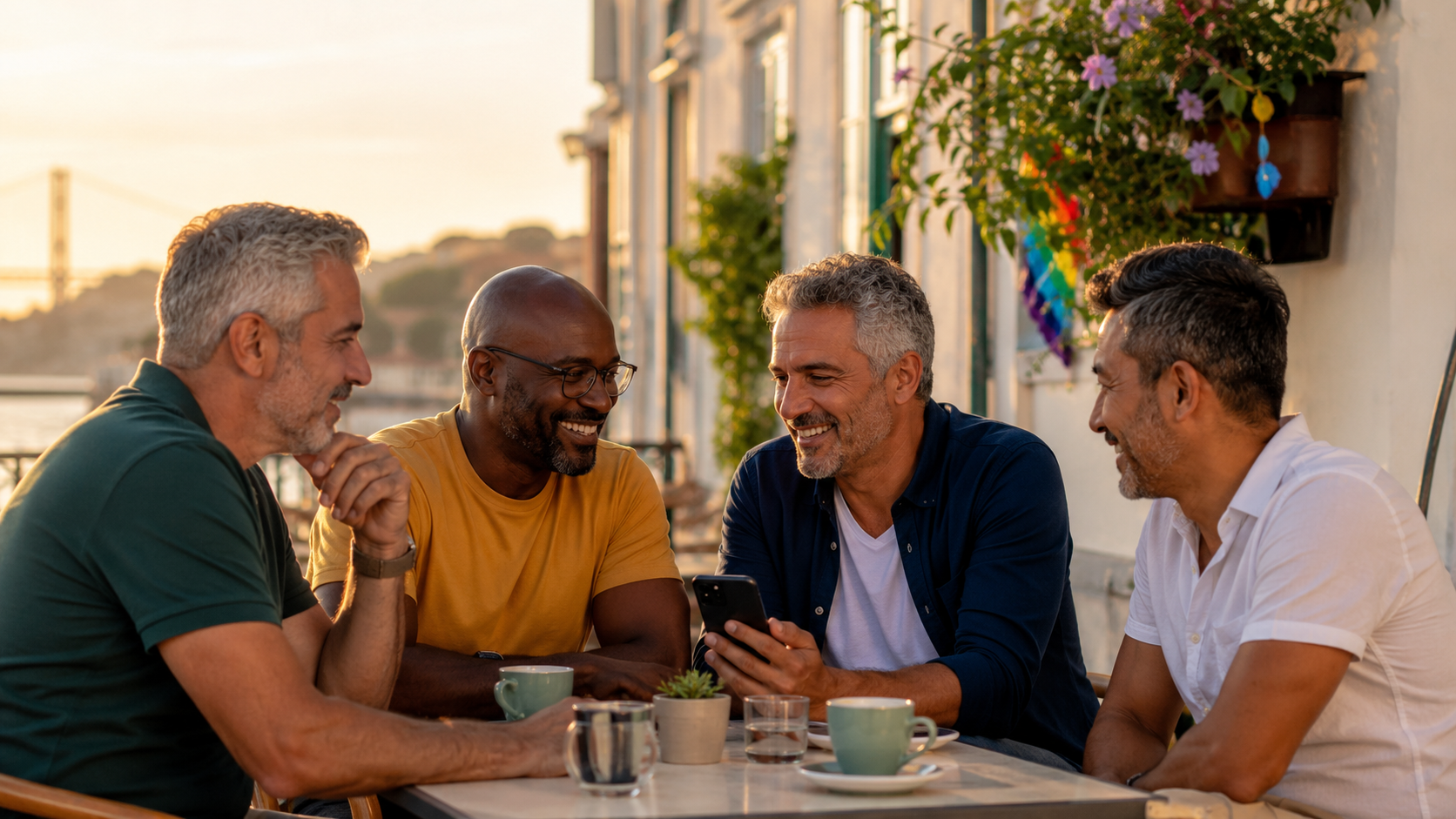 Grupo de homens adultos com mais de 40 anos a conversar num ambiente acolhedor