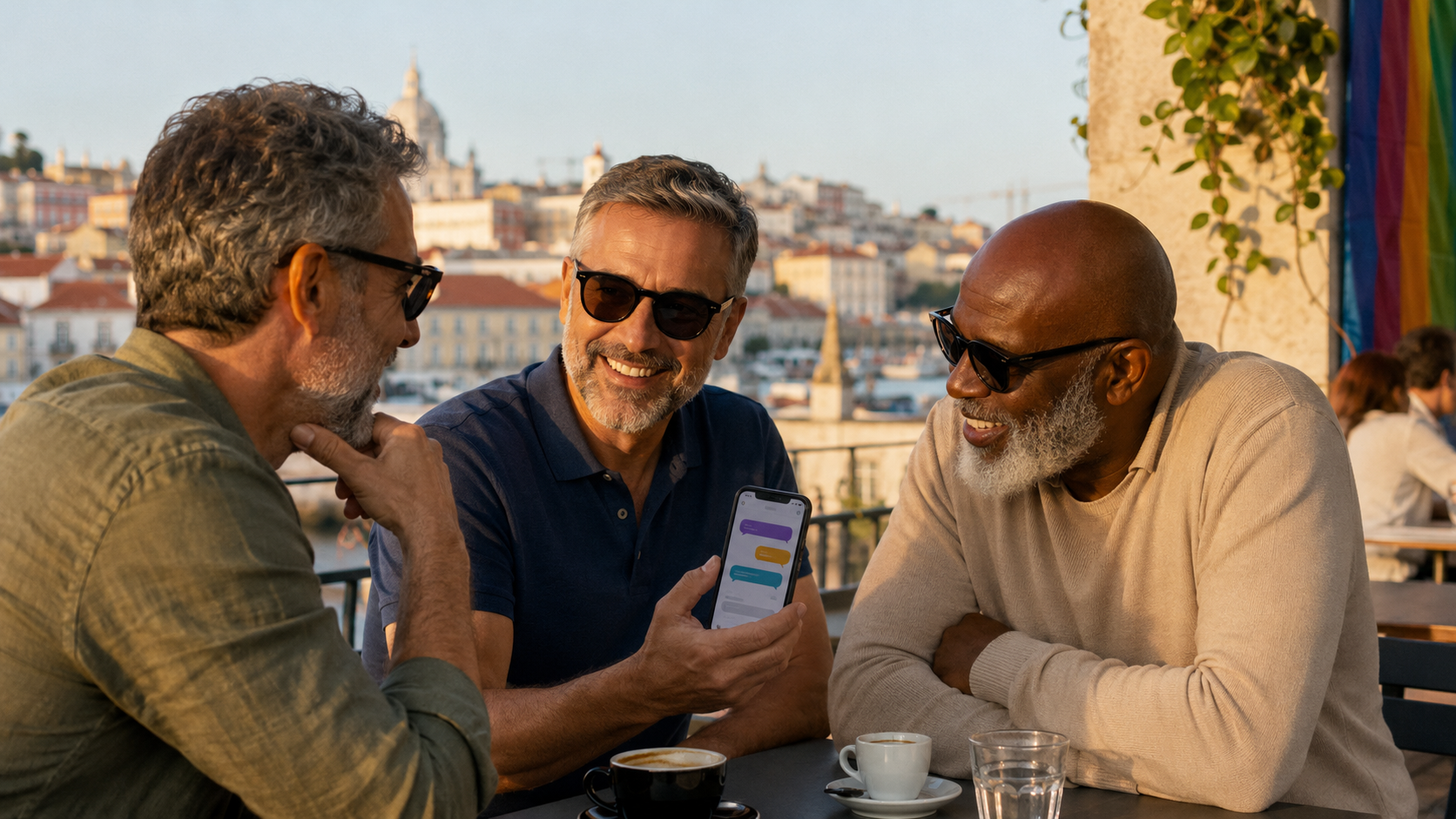 Homens gay maduros a conversar através do telemóvel num ambiente acolhedor