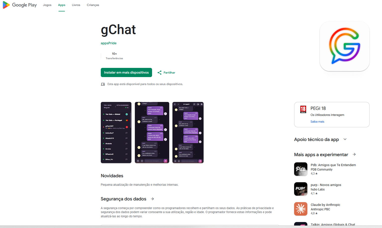 Aplicação gChat disponível na Google Play para telemóveis Android