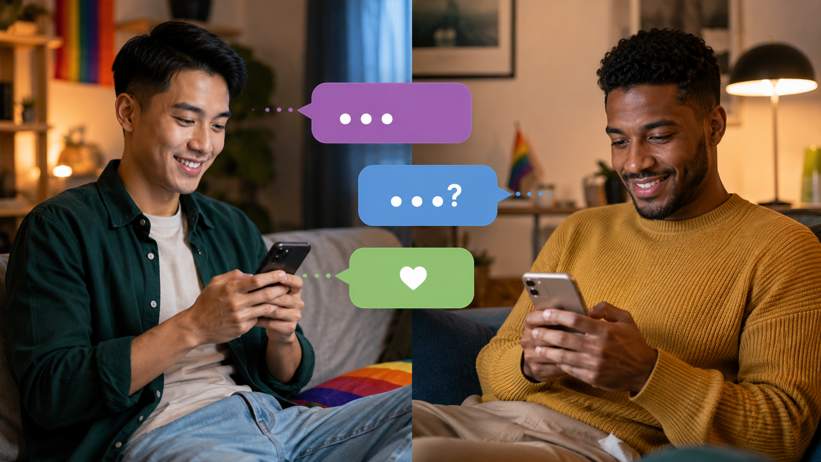 Dois homens adultos a iniciar uma conversa respeitosa num chat gay