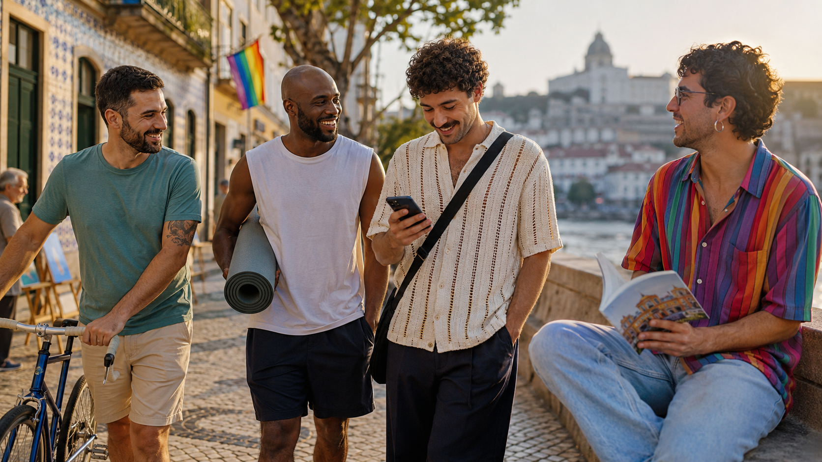 Grupo de homens adultos a conversar e criar novas amizades em Portugal