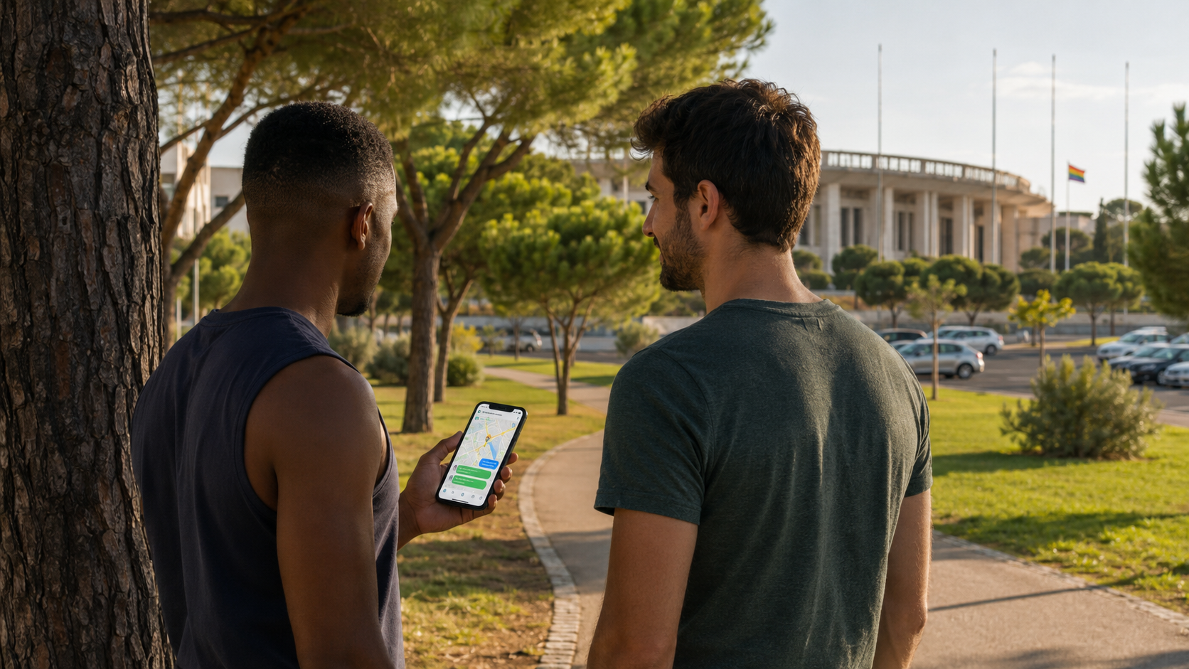 Homens adultos a conversar numa zona verde próxima do Jamor