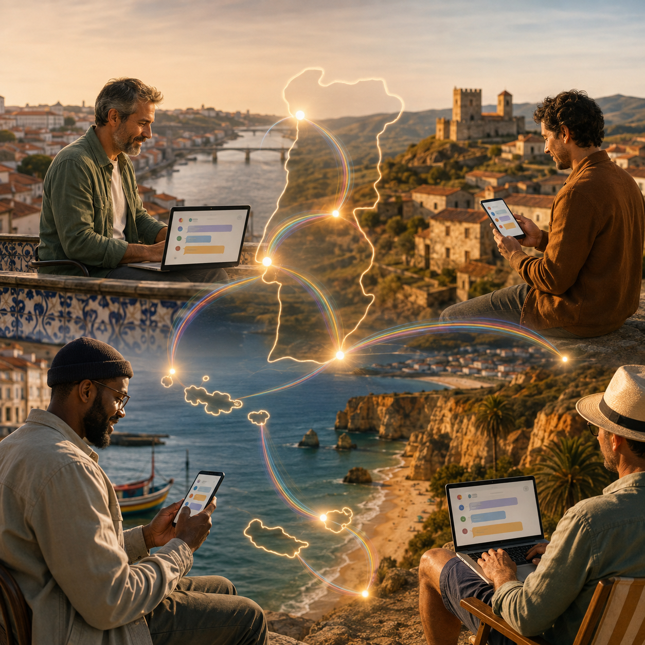 Homens adultos a conversar nas novas salas regionais do gChat em Portugal