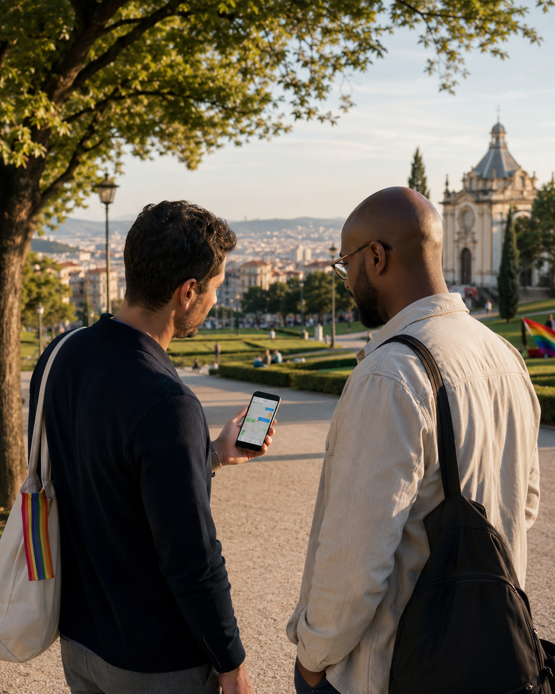 Dois homens adultos a conversar no Parque Eduardo VII em Lisboa